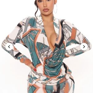 Fashion Nova Teal, Peach & Black Printed Pant Set